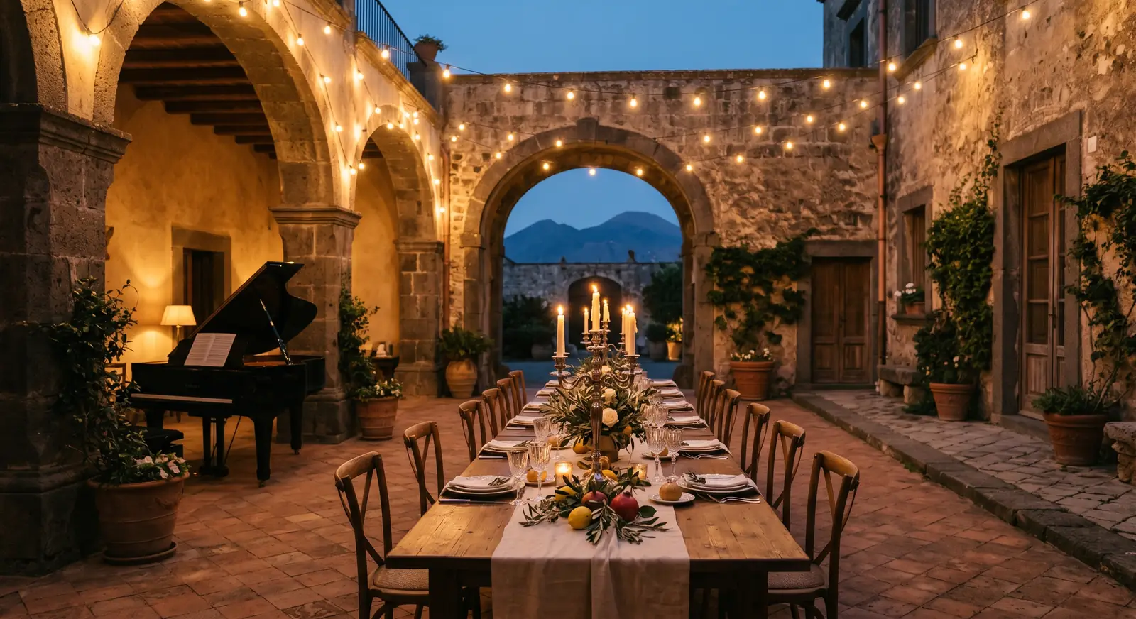 Matrimonio in masseria in Campania, allestimento ricevimento con vista Vesuvio