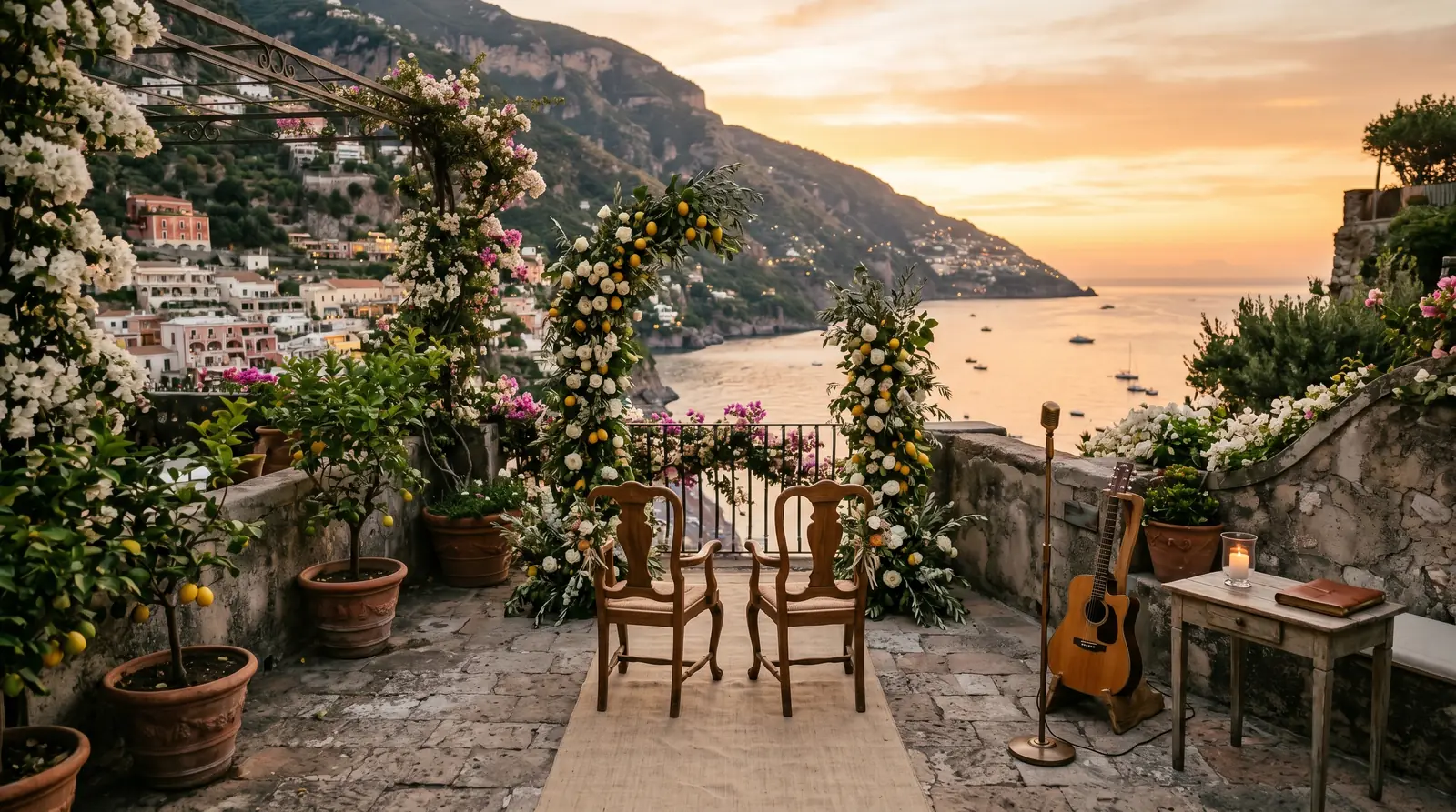 Matrimonio Costiera Amalfitana, terrazza con vista Positano al tramonto